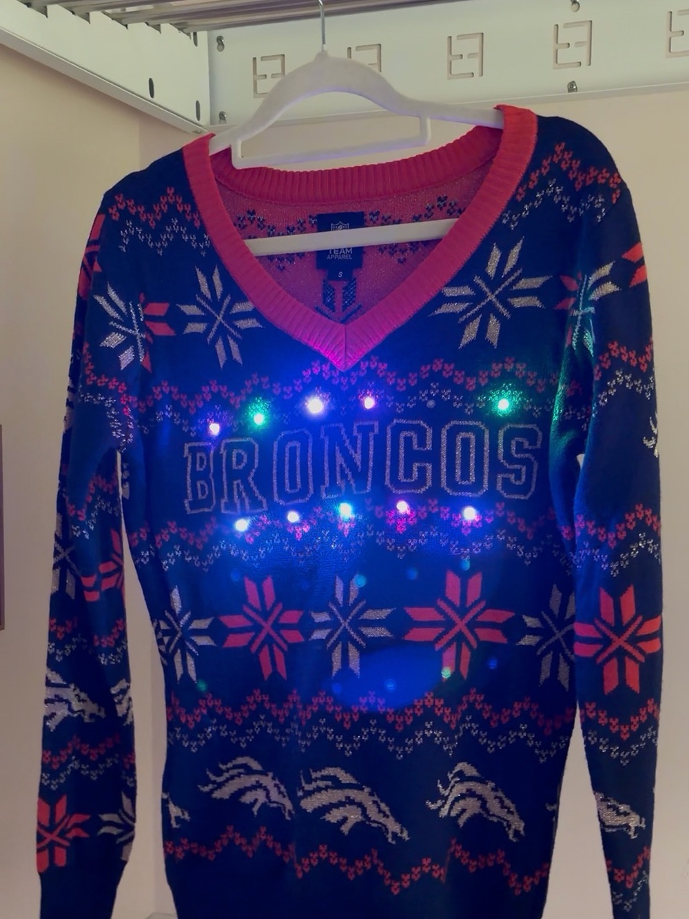 Lights Up! Official NFL Broncos Navy and Orange V‑Neck Holiday Sweater